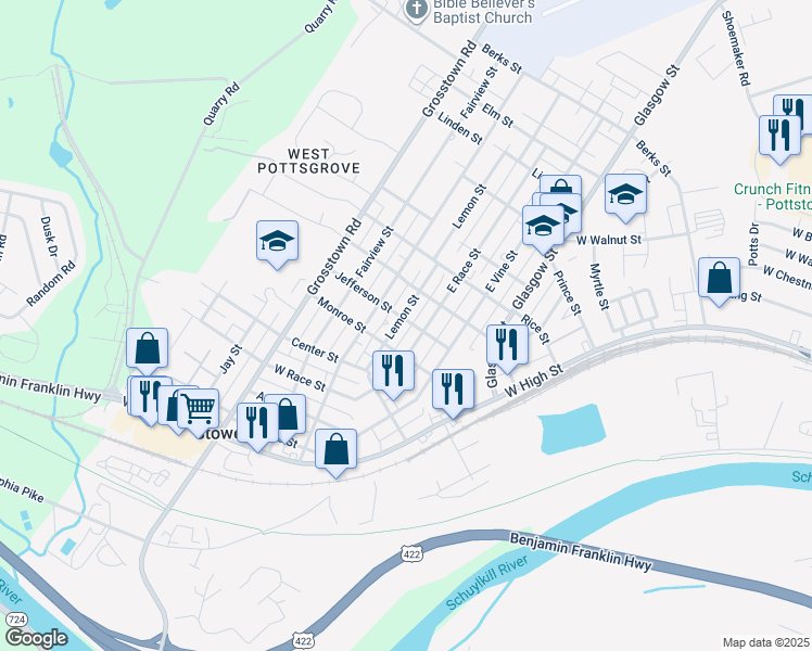 map of restaurants, bars, coffee shops, grocery stores, and more near 225 Jefferson Street in Stowe
