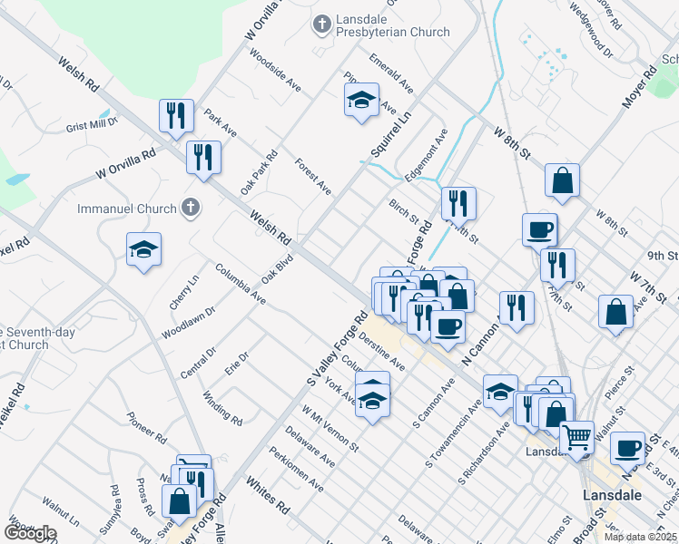 map of restaurants, bars, coffee shops, grocery stores, and more near 1021 Main Street in Lansdale