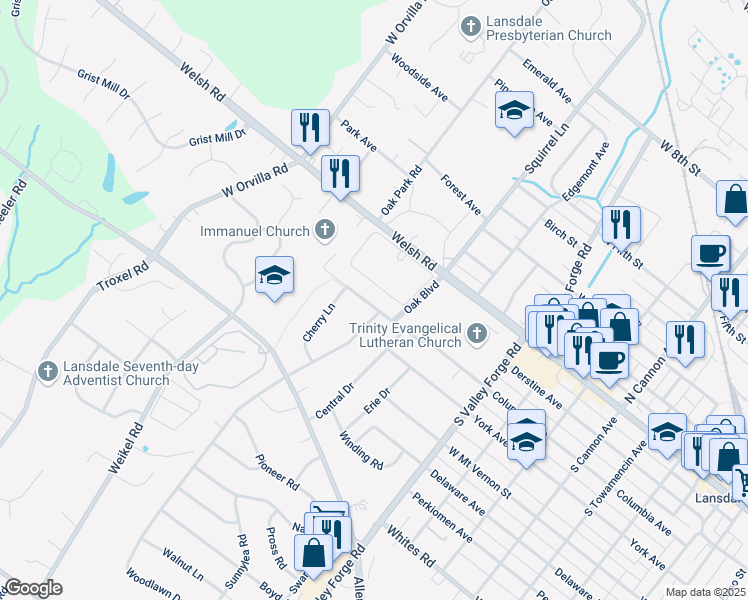 map of restaurants, bars, coffee shops, grocery stores, and more near 1213 Columbia Avenue in Lansdale
