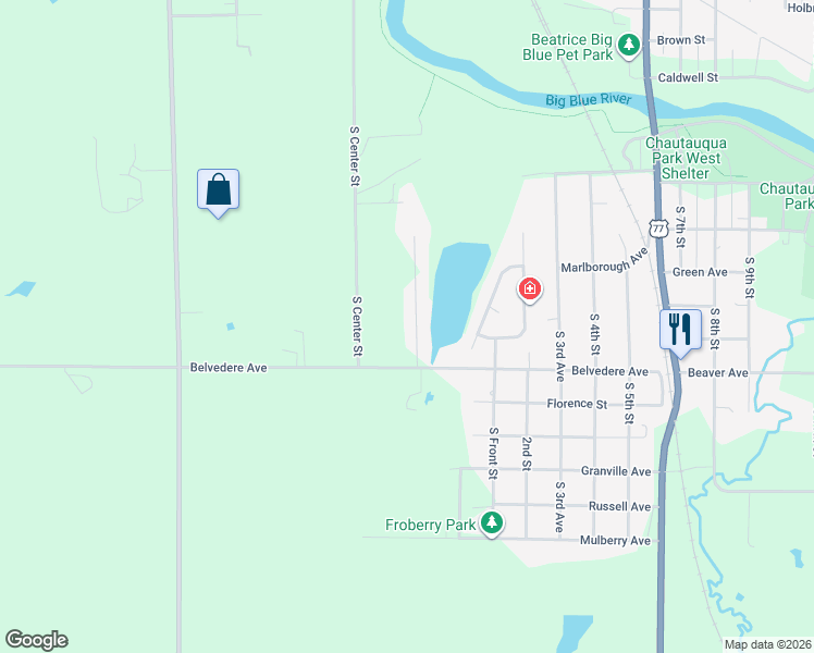 map of restaurants, bars, coffee shops, grocery stores, and more near 1561 Doyle Lane in Beatrice