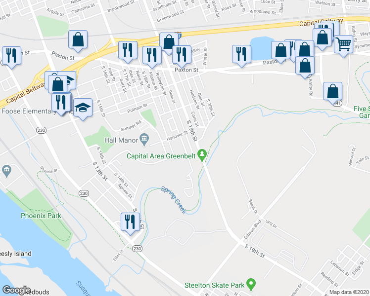 map of restaurants, bars, coffee shops, grocery stores, and more near 1325 Rolleston Street in Harrisburg