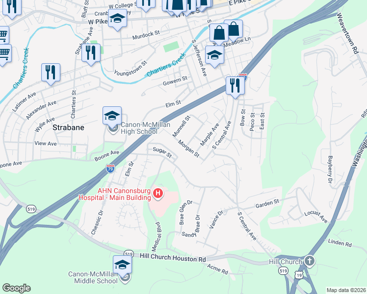 map of restaurants, bars, coffee shops, grocery stores, and more near 101 Morgan Street in Canonsburg