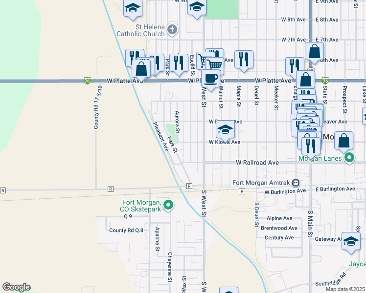 map of restaurants, bars, coffee shops, grocery stores, and more near 222 Euclid Street in Fort Morgan