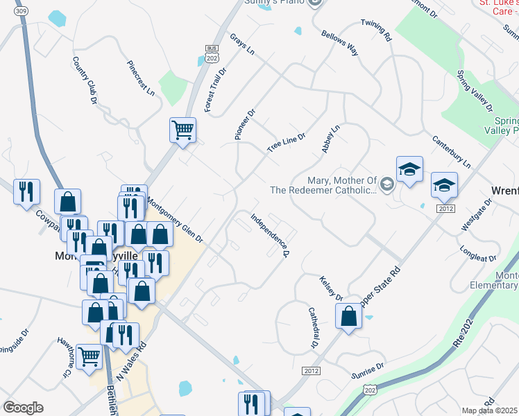 map of restaurants, bars, coffee shops, grocery stores, and more near 1201 Braxton Court in North Wales