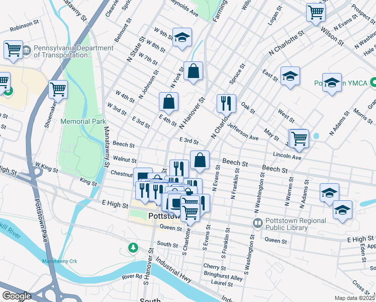 map of restaurants, bars, coffee shops, grocery stores, and more near 237 Beech Street in Pottstown