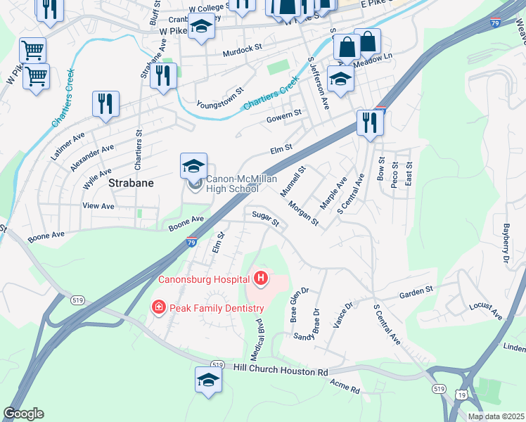 map of restaurants, bars, coffee shops, grocery stores, and more near 128 Cherry Street in Canonsburg