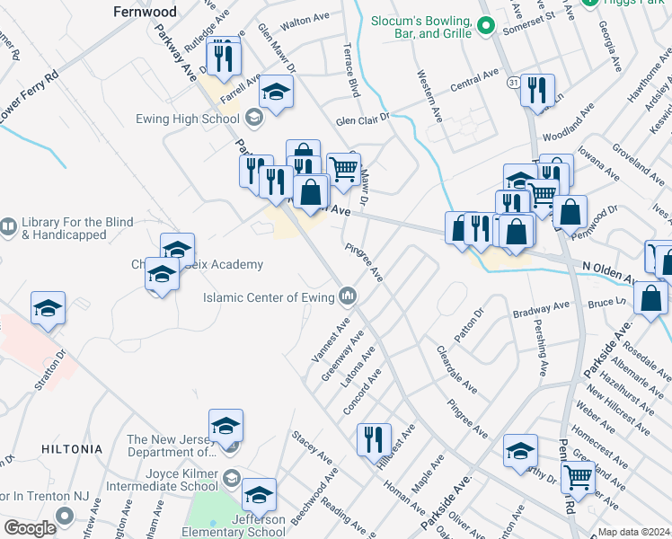 map of restaurants, bars, coffee shops, grocery stores, and more near 720 County Route 634 in Ewing Township