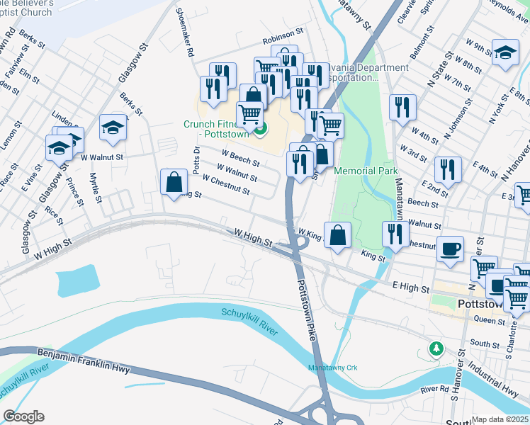 map of restaurants, bars, coffee shops, grocery stores, and more near 259 West King Street in Pottstown