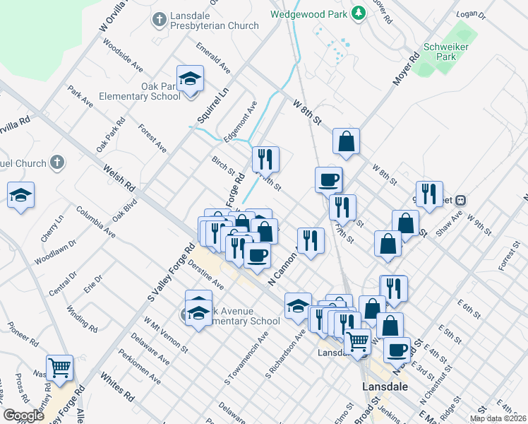 map of restaurants, bars, coffee shops, grocery stores, and more near 828 West 4th Street in Lansdale