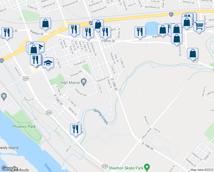 map of restaurants, bars, coffee shops, grocery stores, and more near 1321 Rolleston Street in Harrisburg