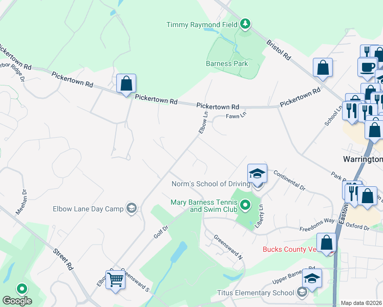 map of restaurants, bars, coffee shops, grocery stores, and more near 102 Sovereign Drive in Warrington