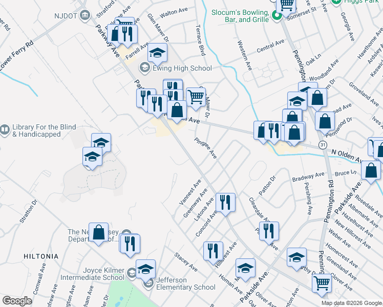 map of restaurants, bars, coffee shops, grocery stores, and more near 720 County Route 634 in Ewing Township