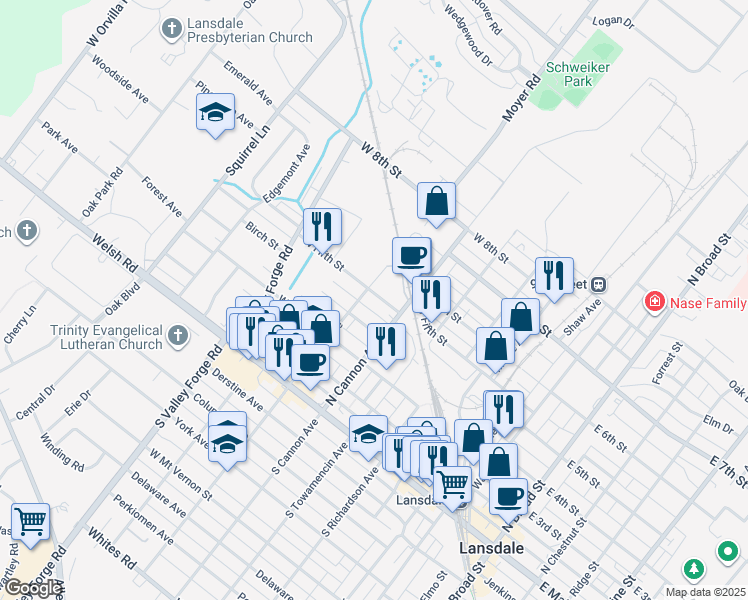 map of restaurants, bars, coffee shops, grocery stores, and more near 505 North Mitchell Avenue in Lansdale