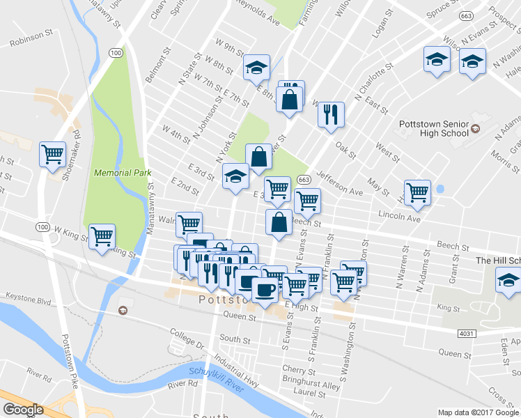 map of restaurants, bars, coffee shops, grocery stores, and more near 237 Beech Street in Pottstown