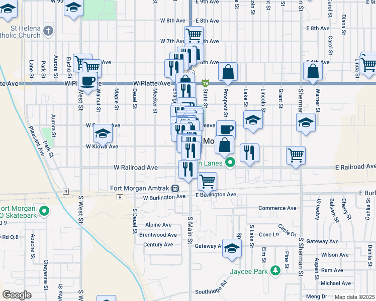 map of restaurants, bars, coffee shops, grocery stores, and more near 227 Main Street in Fort Morgan