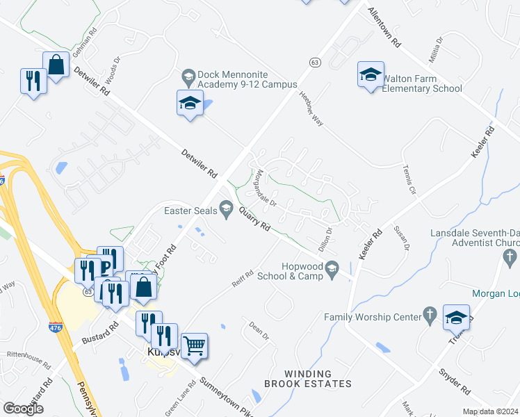 map of restaurants, bars, coffee shops, grocery stores, and more near 507 Clarella Court in Lansdale
