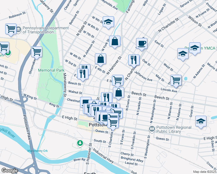 map of restaurants, bars, coffee shops, grocery stores, and more near 207 North Penn Street in Pottstown