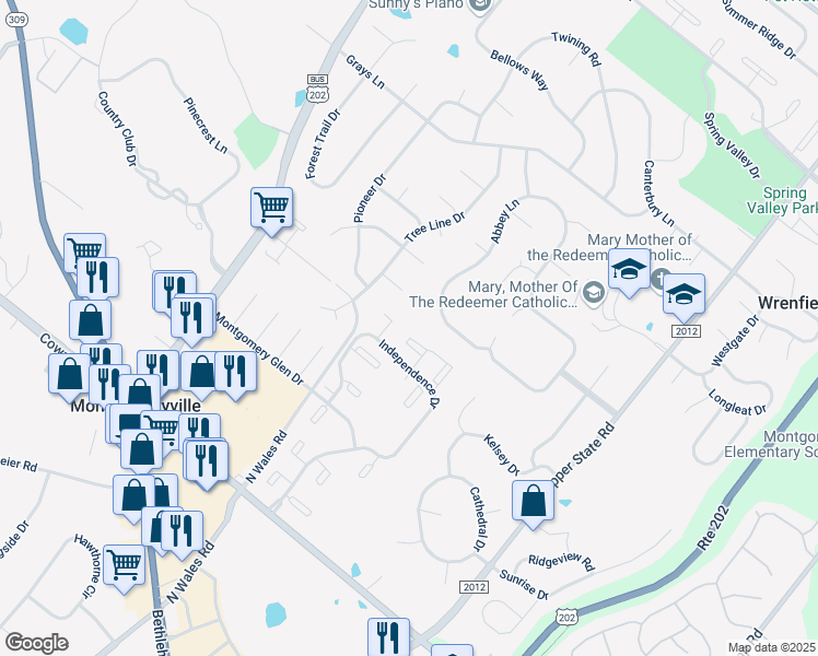 map of restaurants, bars, coffee shops, grocery stores, and more near 1506 Morris Court in North Wales