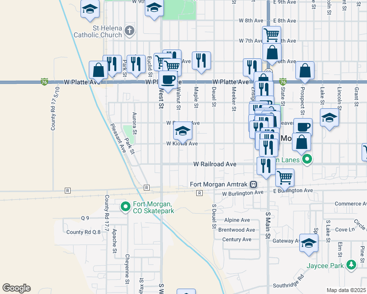 map of restaurants, bars, coffee shops, grocery stores, and more near 230 Walnut Street in Fort Morgan