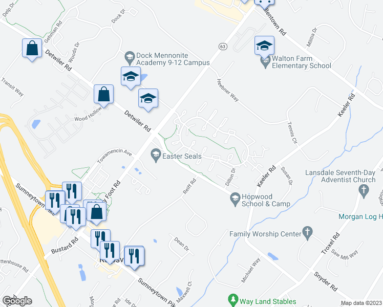 map of restaurants, bars, coffee shops, grocery stores, and more near 525 Clarella Court in Lansdale