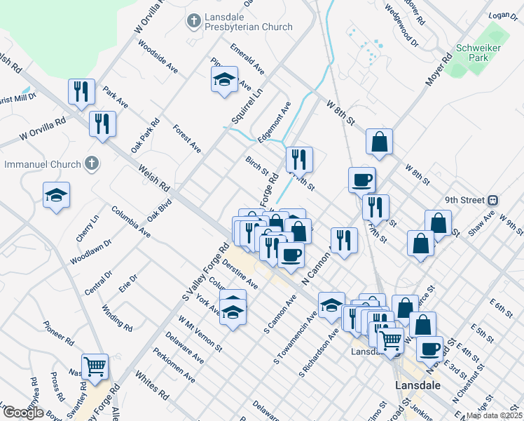 map of restaurants, bars, coffee shops, grocery stores, and more near 860 West 3rd Street in Lansdale