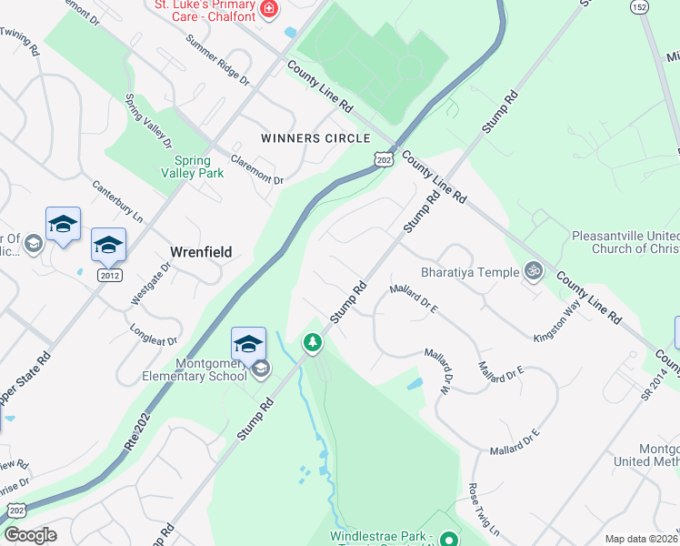 map of restaurants, bars, coffee shops, grocery stores, and more near 1303 Stump Road in North Wales