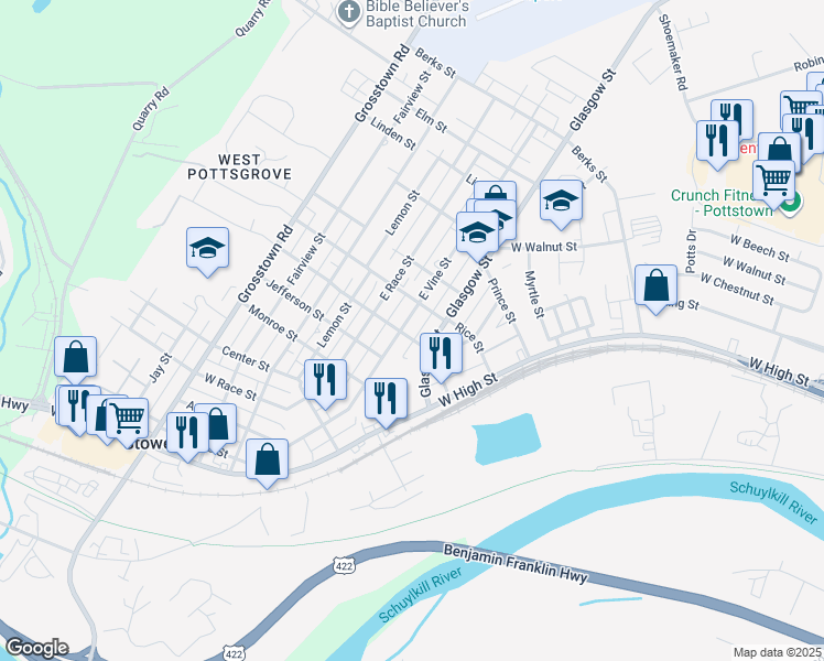 map of restaurants, bars, coffee shops, grocery stores, and more near 306 West Vine Street in Stowe