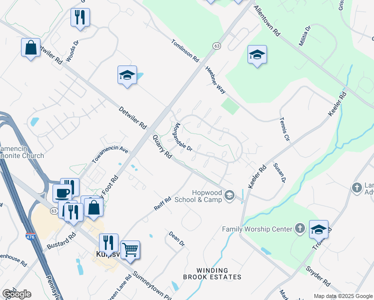 map of restaurants, bars, coffee shops, grocery stores, and more near 525 Clarella Court in Lansdale