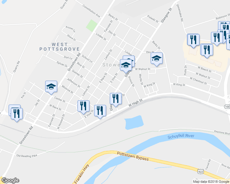 map of restaurants, bars, coffee shops, grocery stores, and more near 323 Glasgow Street in Pottstown