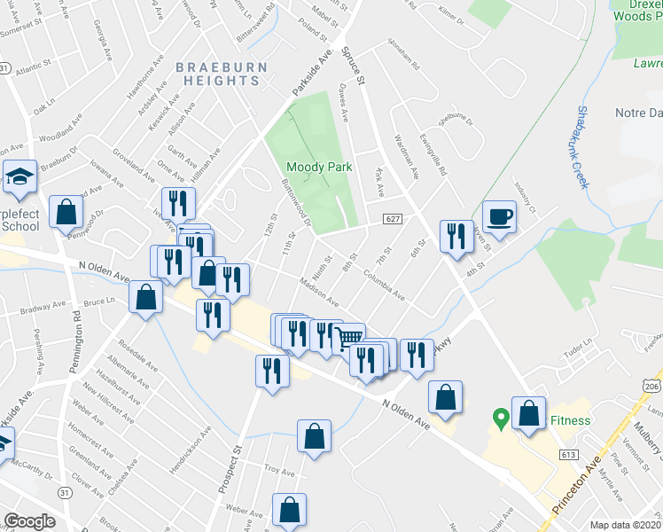map of restaurants, bars, coffee shops, grocery stores, and more near 1660 Ninth Street in Ewing Township