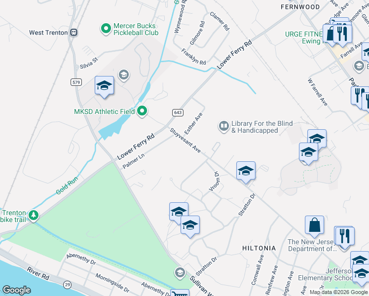 map of restaurants, bars, coffee shops, grocery stores, and more near 2433 Stuyvesant Avenue in Ewing Township
