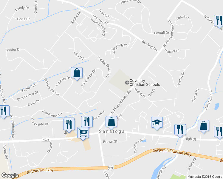 map of restaurants, bars, coffee shops, grocery stores, and more near 738 Sanatoga Village Drive in Pottstown