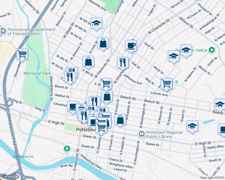 map of restaurants, bars, coffee shops, grocery stores, and more near 213 North Charlotte Street in Pottstown
