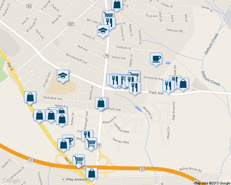 map of restaurants, bars, coffee shops, grocery stores, and more near 540 Park Ave in Freehold Township