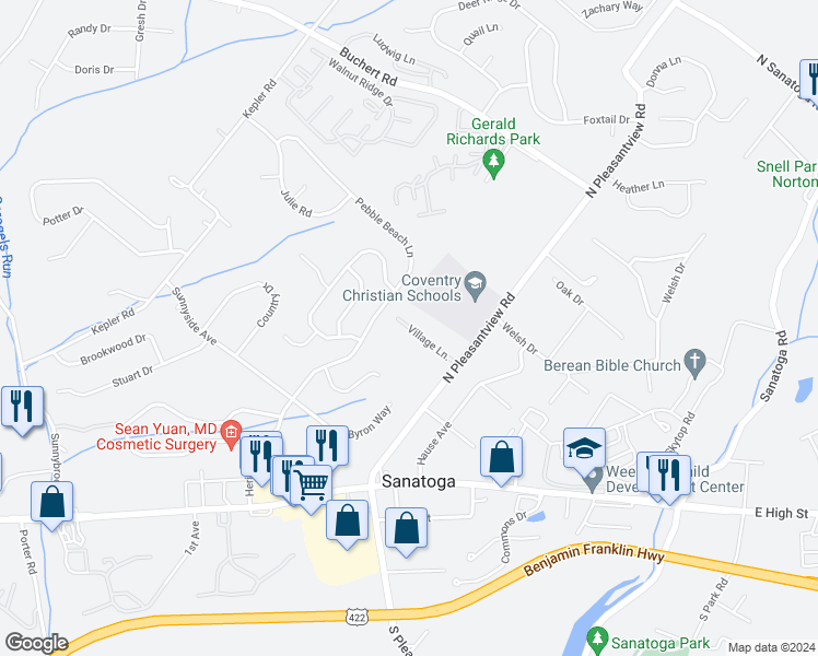 map of restaurants, bars, coffee shops, grocery stores, and more near 842 Sanatoga Village Drive in Sanatoga