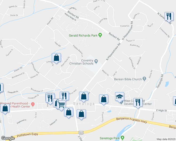 map of restaurants, bars, coffee shops, grocery stores, and more near 1054 Sanatoga Village Drive in Pottstown