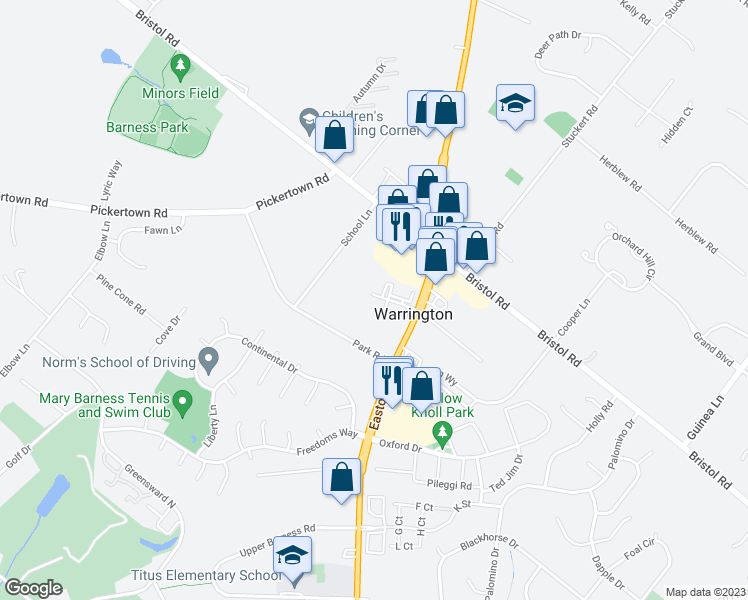 map of restaurants, bars, coffee shops, grocery stores, and more near 2455 Park Road in Warrington