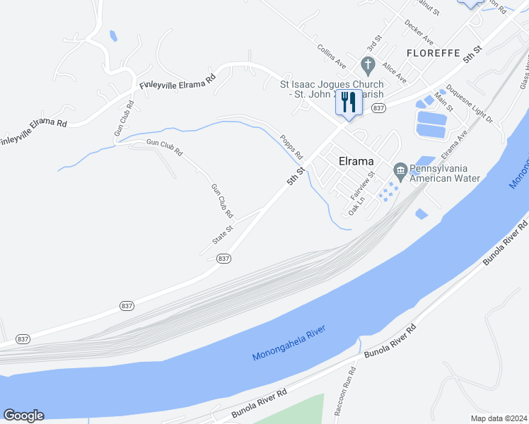 map of restaurants, bars, coffee shops, grocery stores, and more near 3 State Street in Finleyville