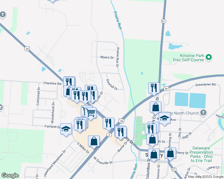 map of restaurants, bars, coffee shops, grocery stores, and more near 283 Dewfall Drive in Sunbury