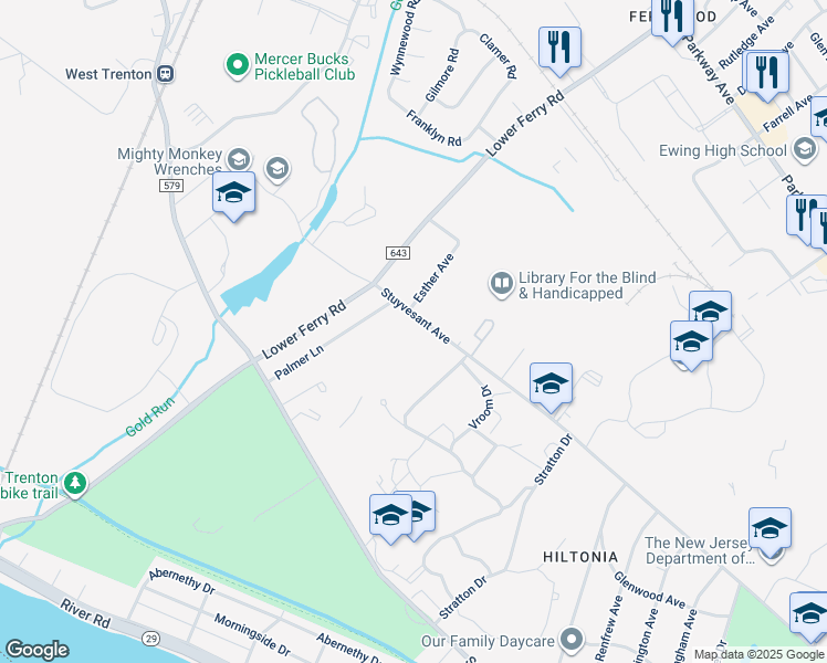 map of restaurants, bars, coffee shops, grocery stores, and more near 2433 Stuyvesant Avenue in Ewing Township