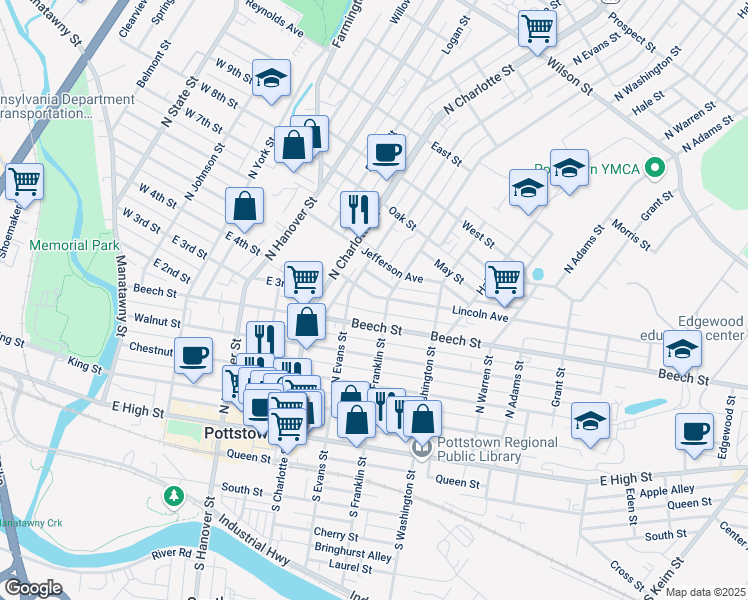 map of restaurants, bars, coffee shops, grocery stores, and more near 352 Lincoln Avenue in Pottstown