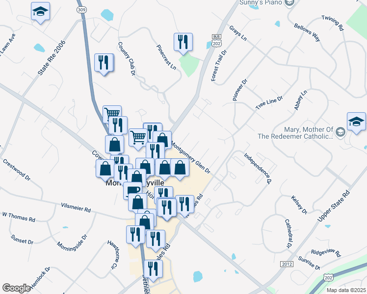 map of restaurants, bars, coffee shops, grocery stores, and more near 100 Ashley Circle in Lansdale