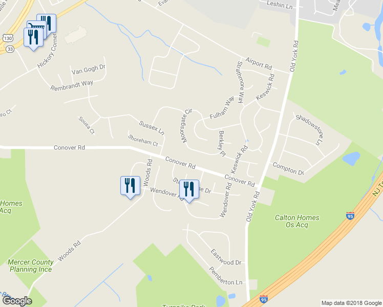 map of restaurants, bars, coffee shops, grocery stores, and more near 54 Moorsgate Circle in Hightstown