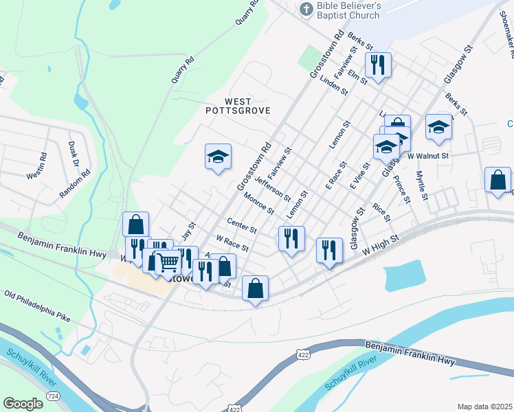 map of restaurants, bars, coffee shops, grocery stores, and more near 52 Fairview Street in Stowe