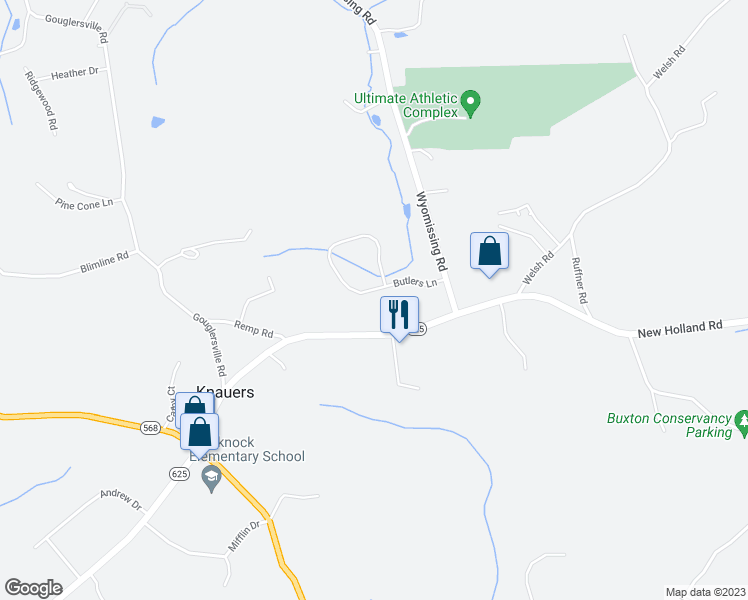 map of restaurants, bars, coffee shops, grocery stores, and more near 40 Butlers Lane in Mohnton