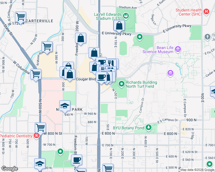 map of restaurants, bars, coffee shops, grocery stores, and more near 1181 North Canyon Road in Provo