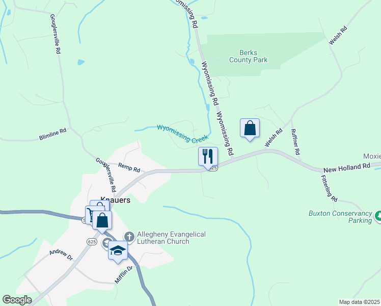 map of restaurants, bars, coffee shops, grocery stores, and more near 40 Butlers Lane in Mohnton