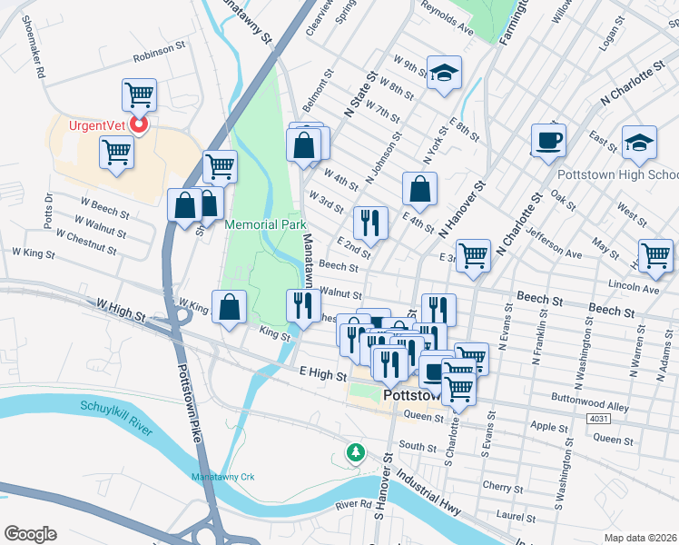 map of restaurants, bars, coffee shops, grocery stores, and more near 11 Walnut Street in Pottstown