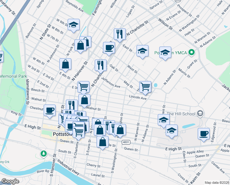 map of restaurants, bars, coffee shops, grocery stores, and more near 434 Lincoln Avenue in Pottstown