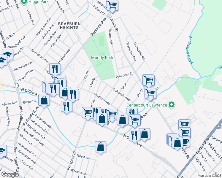 map of restaurants, bars, coffee shops, grocery stores, and more near 2410 Columbia Avenue in Trenton
